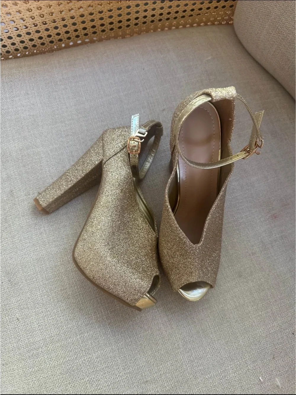 Gold Glitter Peep-Toe Block Heel Sandals with Ankle Strap
